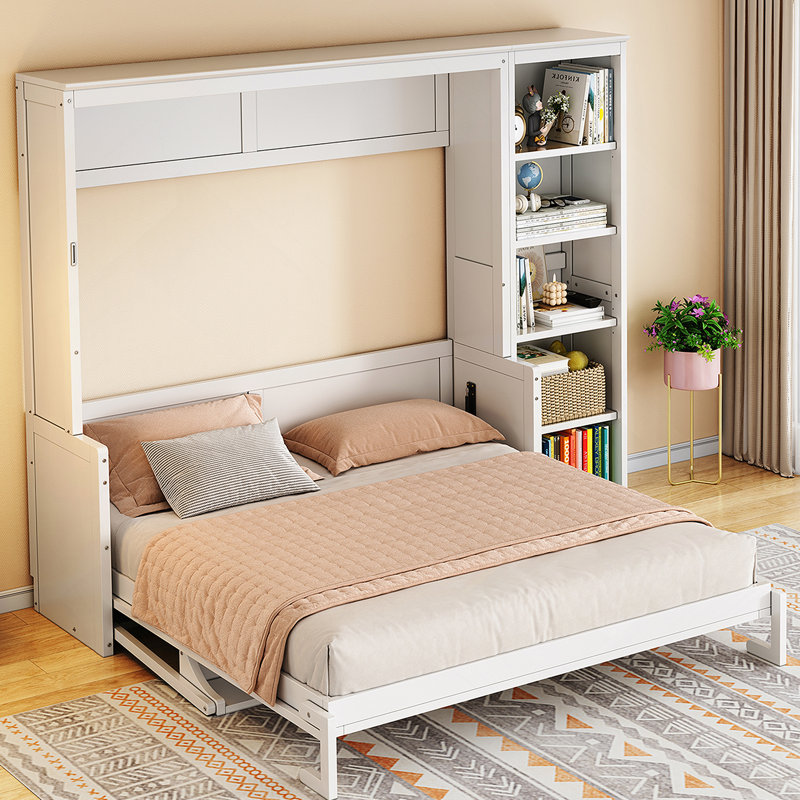 Structure de lit, lit escamotable avec bureau et bibliothèque, Blanc, Grand lit