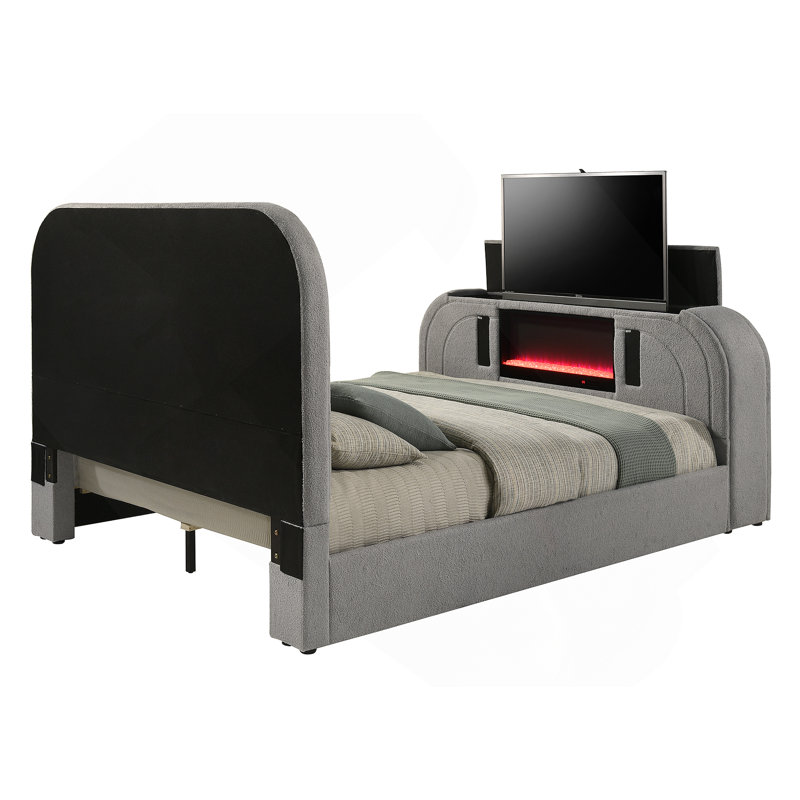 Lit luxueux avec éclairage DEL, meuble télé, foyer et fonctionnalité Bluetooth, idéal pour une chambre à coucher confortable et divertissante