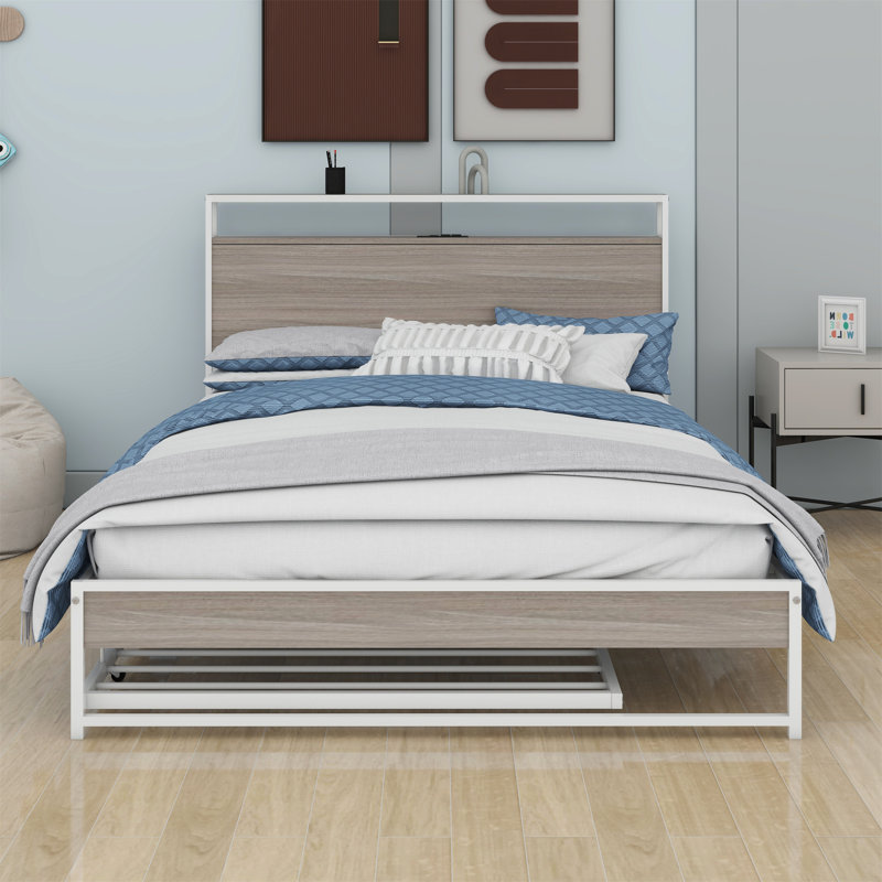Base de lit plateforme avec couchette, ports USB et support à lattes, Blanc / Chêne, Double