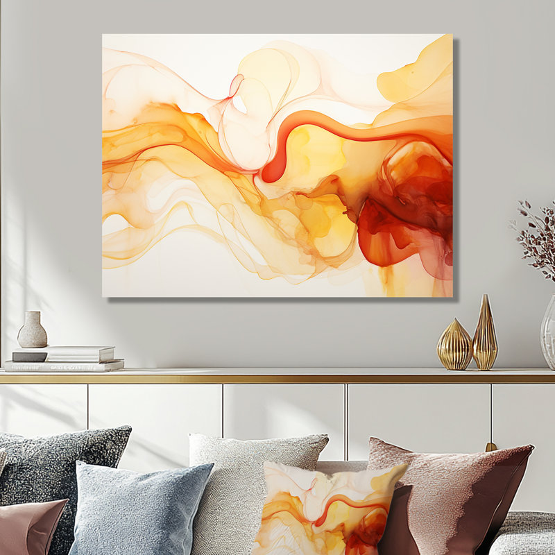 Jaune et orange nuages - art abstrait mural encre liquide salon, Métal métal, H 34 po x l 44 po x P 1,5 po