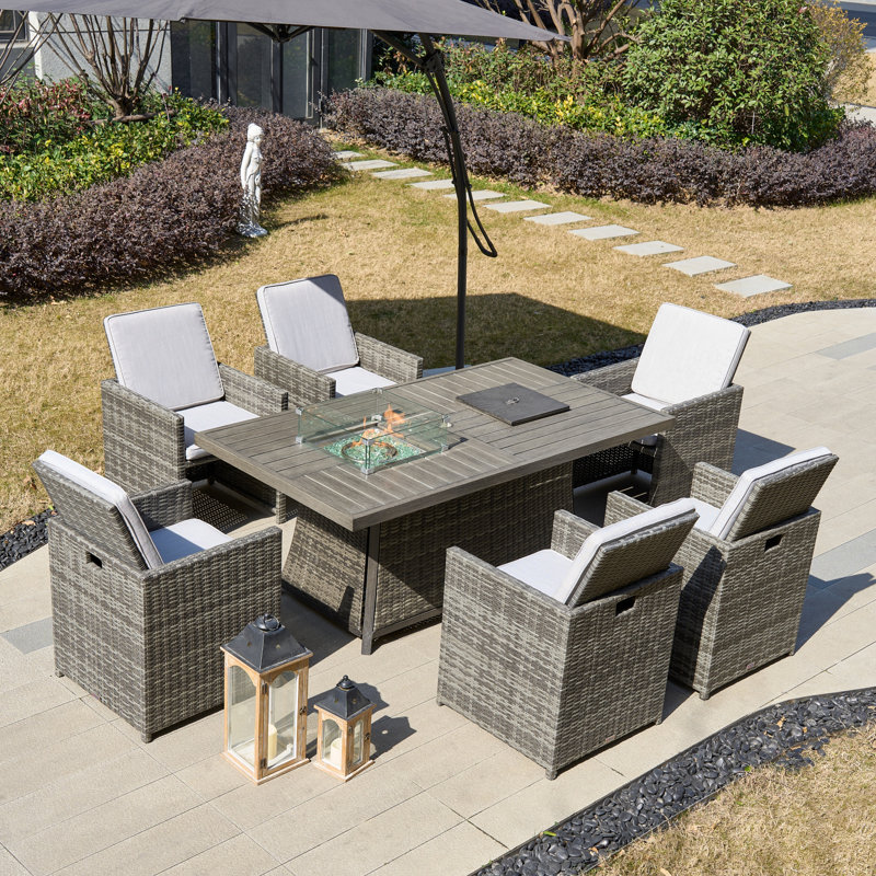 Moda 70 In. X 39 In. X 27 In. Rectangular Wicker Outdoor Gas Fire Pits Dining Setx