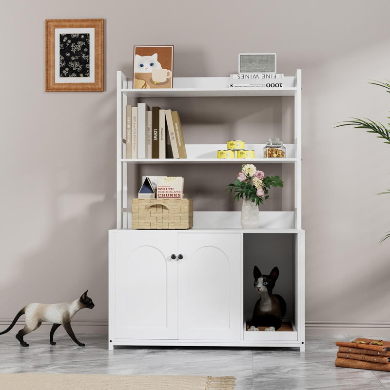 Enceinte de litière blanche cachée pour chat avec 2 tablettes de rangement, maison de chat pour l'intérieur et bibliothèque