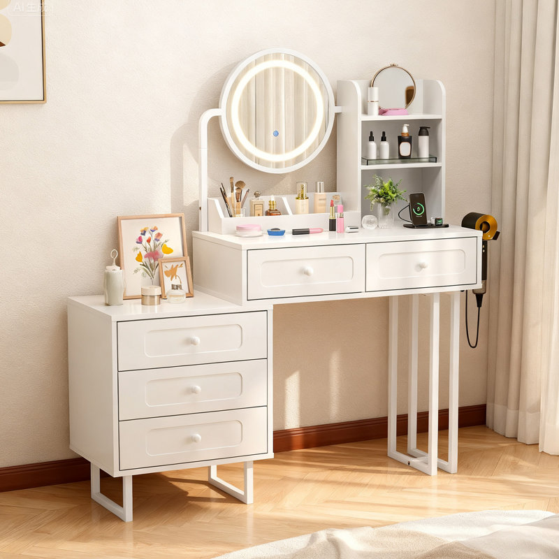 Lighted Vanity Table - LED 3-Color Dimmable Touch Mirror, 5 Drawers, Power Strip, White/White
