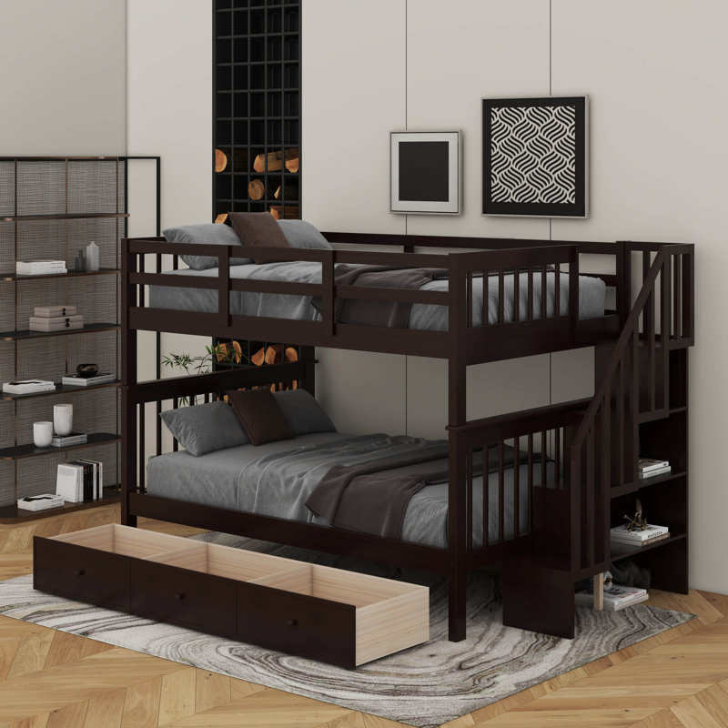 Lit superposé standard en bois 3 tiroirs, Espresso, Double sur double