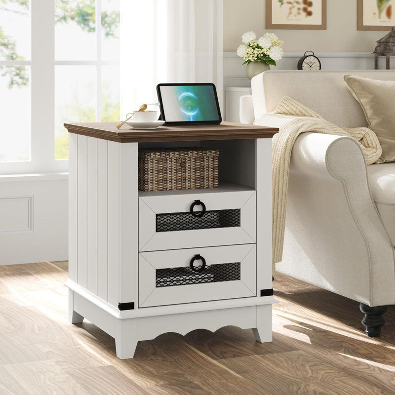 Table de chevet industrielle avec station de charge, tiroirs en maille métallique, table de rangement à 2 tiroirs, table d'appoint de chambre à coucher et de salon rustique