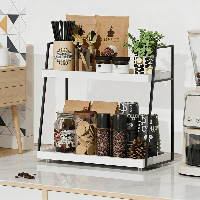Organisateur de bar à café à 2 niveaux avec supports en métal, tablette de rangement de comptoir pour dosettes de café, sirops, condiments et accessoires, conception peu encombrante pour la cuisine, le bureau ou la salle de bain