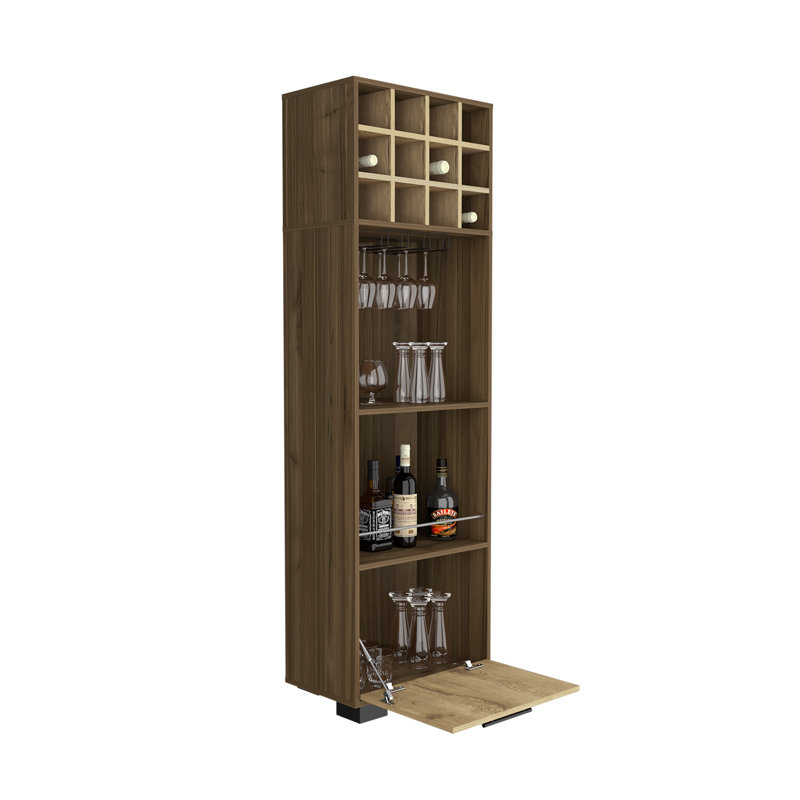 Bar d'angle avec support à vin et porte-gobelet, finition acajou et chêne vieilli Cataluuna