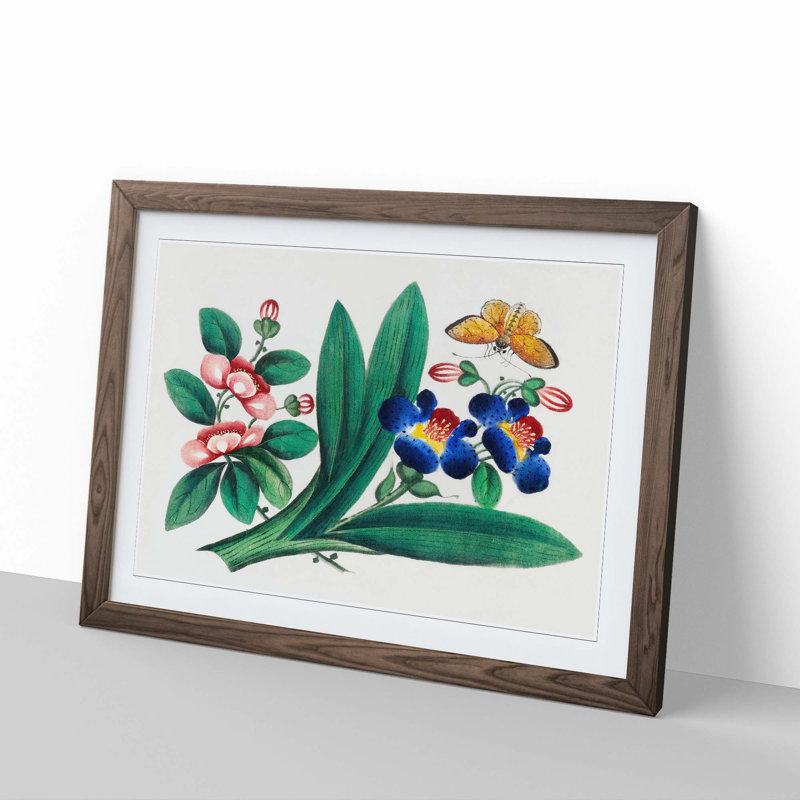 A Butterfly & Flowers - Framed Print, 33cm H x 45cm W x 2cm D, Walnut Framed