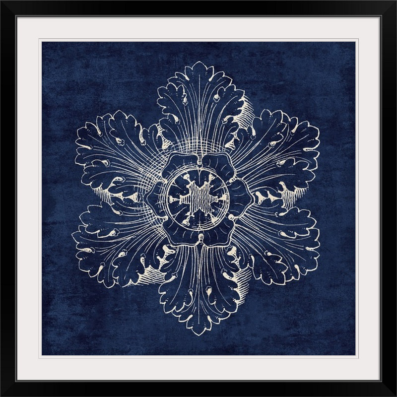 « rosette v », impression en indigo, H 32 po x l 32 po x P 1 po, Cadre noir