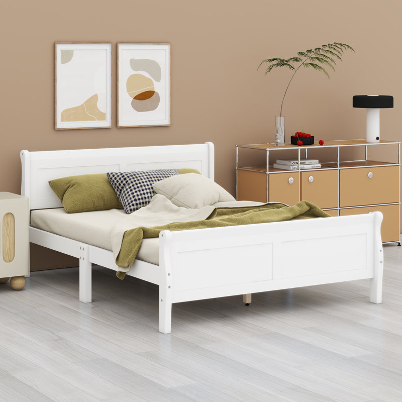 Lit plateforme en bois avec tête de lit, Blanc, Grand lit