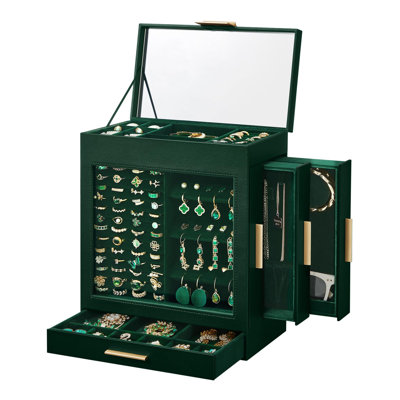 Jewelry Box With Glass Window, 5-Layer Organizer With 3 Side Drawers And Big Mirror,Storage (Green)