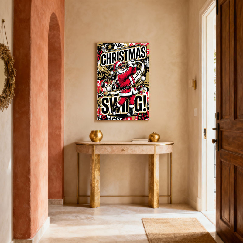 Ensemble de 1 tableau sur toile tendue représentant le père Noël jouant au golf, H 20 po x l 30 po, Noir