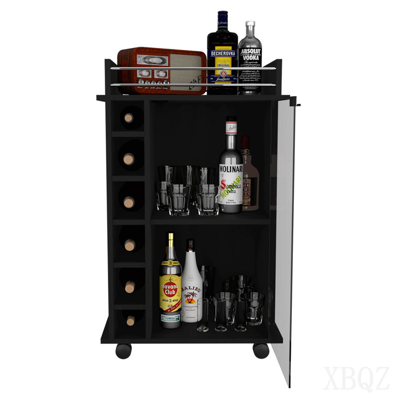 Chariot-bar, deux tablettes, six supports à vin intégrés, quatre roulettes - noir, Noir, H 16,3 po x l 16,3 po x P 21,6 po