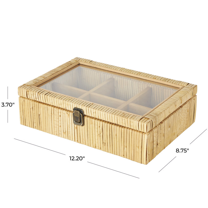 Cole And Grey Rattan Handmade Wrapped 6 Slot Jewellery Box With Tempered Glass Top
