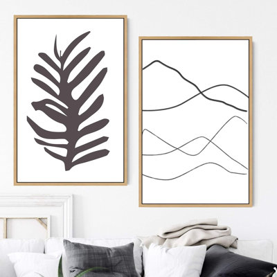 Black & White Leaf Silhouette and Lines Abstract Wall Pictures Modern Art Boho Multicolor Office - 2 Piece Floater Frame Print Set on Canvas -  wall26, FCV-WATER-2103-M12-B.WD-24x36x2