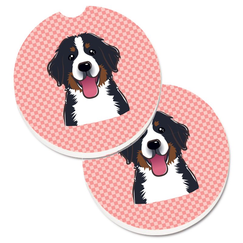 Ceramic Round 2 Piece Car Coaster Set, Pink, Bernese Mountain