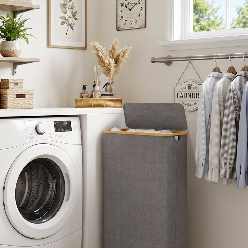 Panier à linge mince avec roulettes et couvercle - Panier à linge étroit sur roulettes 62 po avec poignée en bambou, grand rangement pour la chambre à coucher, la salle de bain, le dortoir ou la salle de lavage, noir