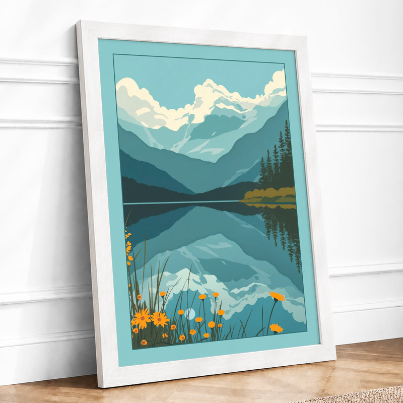 Mountain Lake Reflection Scandinavian - Framed Print, A2 - 59.4 x 42.0 cm, White