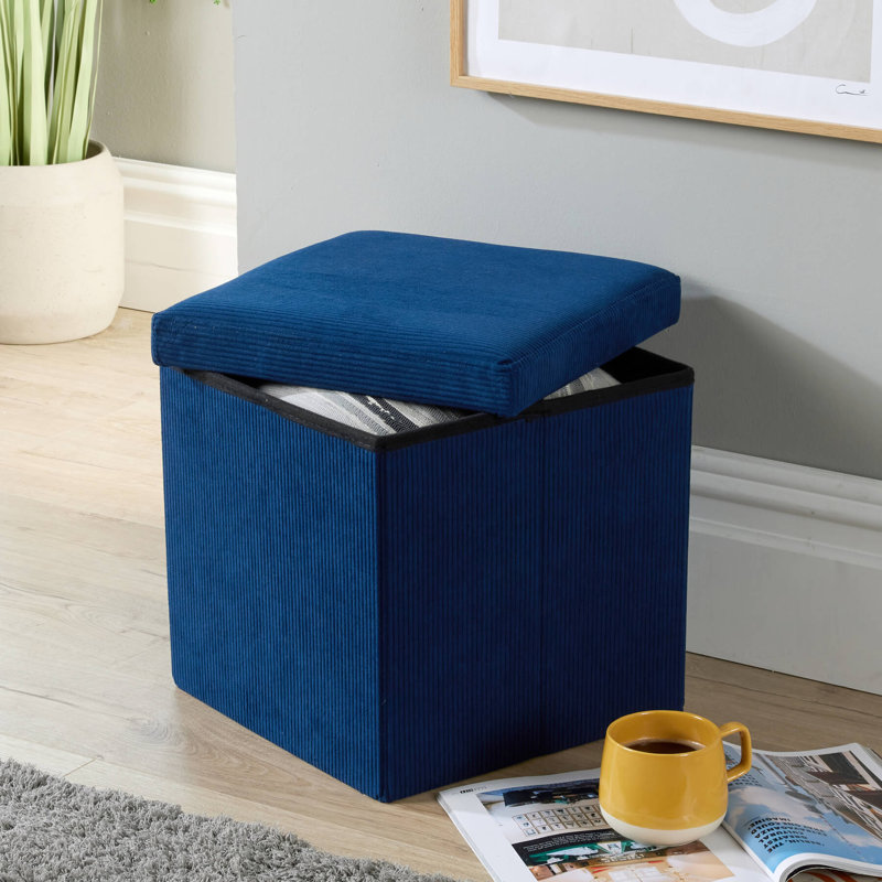 Peider 38cm Square Corduroy Fabric Storage Ottoman, Navy Blue