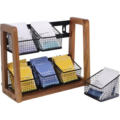 Organisateur de thé à 2 niveaux pour sachets de thé, porte-sachet de thé avec support en bois d'acacia et 6 paniers métalliques amovibles pour sachets de sucre, édulcorants, pot à crème pour armoire, comptoir ou fixation murale