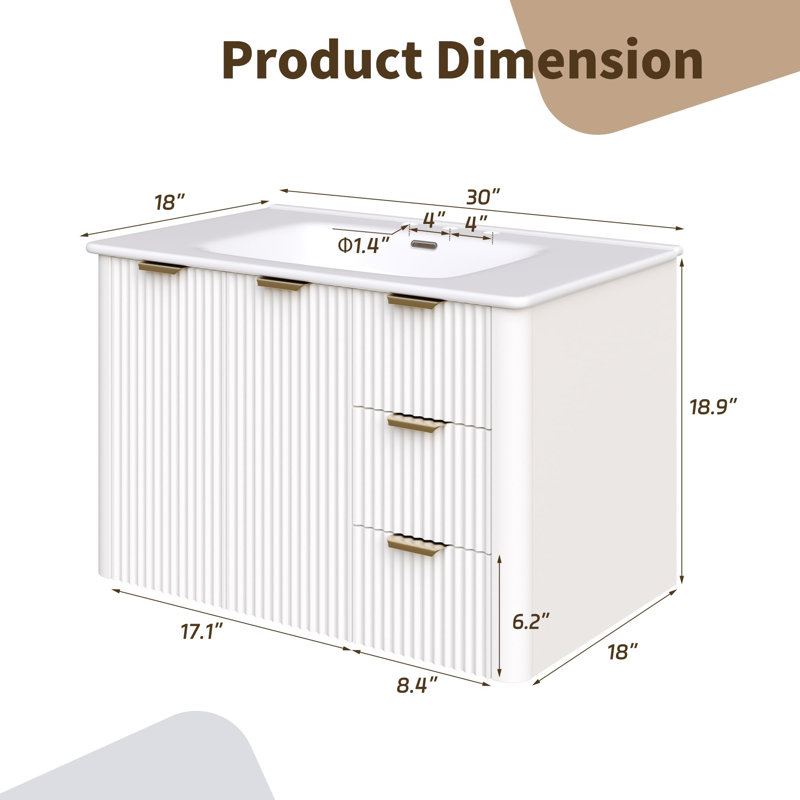 Meuble-lavabo flottant avec lavabo et armoire à pharmacie avec lumière DEL, Blanc, 30"