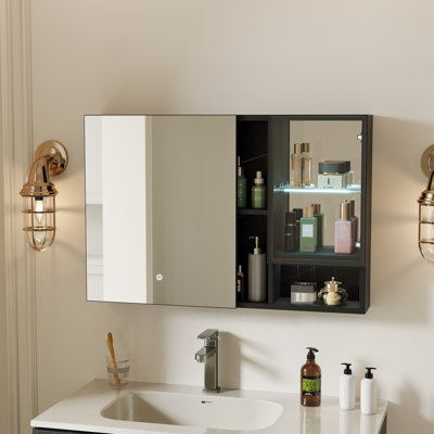 24 x 36 Inch LED Lighted Bathroom Medicine Mirror Cabinet,Black Wall-Mounted Medicine Cabinet, Easy to Install Aluminum Cabinet