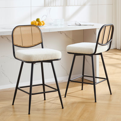 Upholstered Swivel Counter Stool With Rattan Backrest