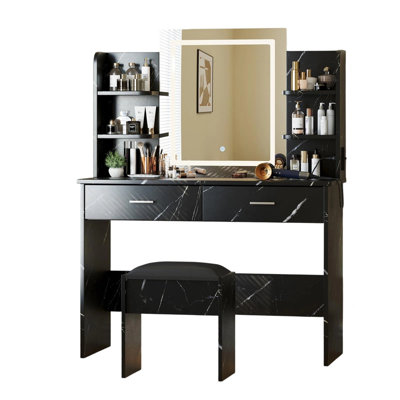 Makeup Vanity Desk with LED Mirror & Charging Station, Vanity Set with 6 Shelves, 2 Drawers & Cushioned Stool, Three Lighting Modes Makeup Vanity Set