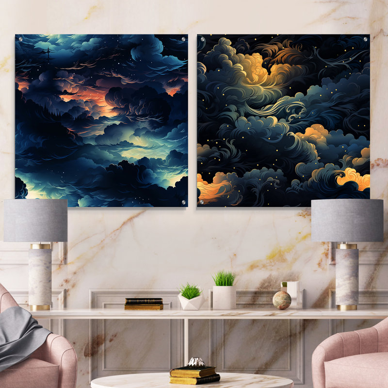 Noir Skies Moody Patterns - Ensemble abstrait d'art mural en acrylique sur verre, H 16 po x l 33 po