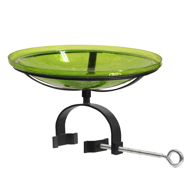 Fern Green Crackle Glass Birdbath with Wrought Iron Bracket
