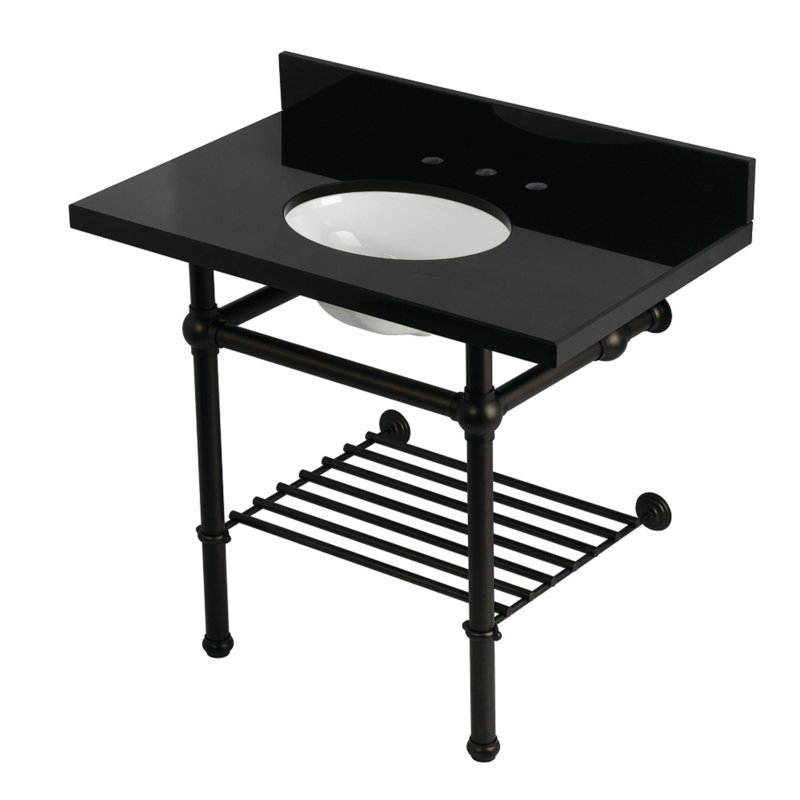 Kingston Brass Templeton 36-Inch Black Granite Console Sink with Brass Legs and Shelf (8-Inch, 3-Hole)