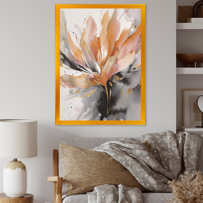 Abstraction de marbre orange et gris hypnotique - art mural abstrait en marbre, H 40 po x l 30 po, Impression encadrée, Doré