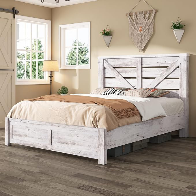 Full Size White Metal Frame Bed with Barn Door Headboard