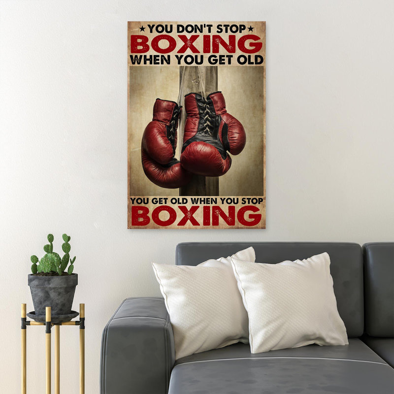 Gants de boxe rouges sur fond brun - You Don't Stop Boxing - 1 pièce, impression d'art graphique rectangulaire sur toile tendue