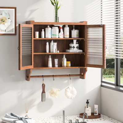 Armoire de rangement de style rétro - porte-serviettes, porte en verre de 24,8 po, trois pièces, brun pour mur avec porte
