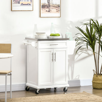 Howth Wooden Kitchen Island on Wheels Stainless Steel Top Drawer White