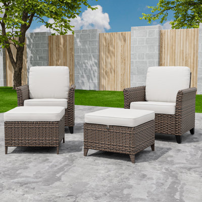 4-Piece Patio Outdoor All-Weather Brown Wicker Curved Armchair Conversation Set with Cushions, Ottomans