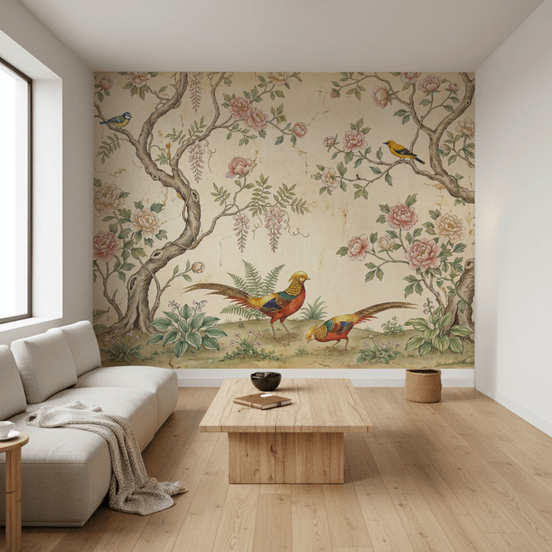 Murale de style rétro avec oiseaux chinois, Texturé non collé, 200 po x 120 po