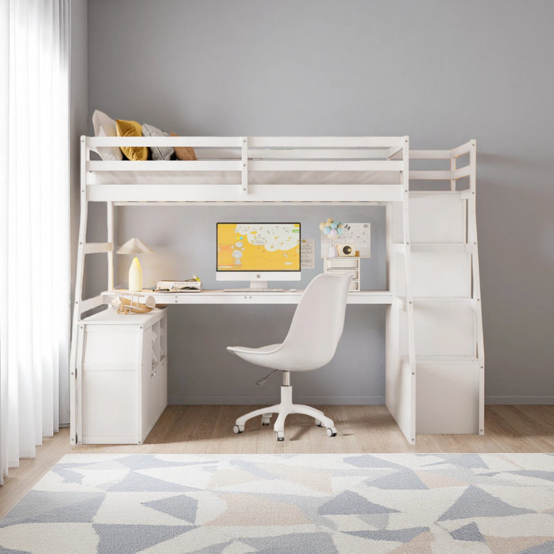 Full Size Loft Bed With 7 Drawers 2 Shelves And Desk, White