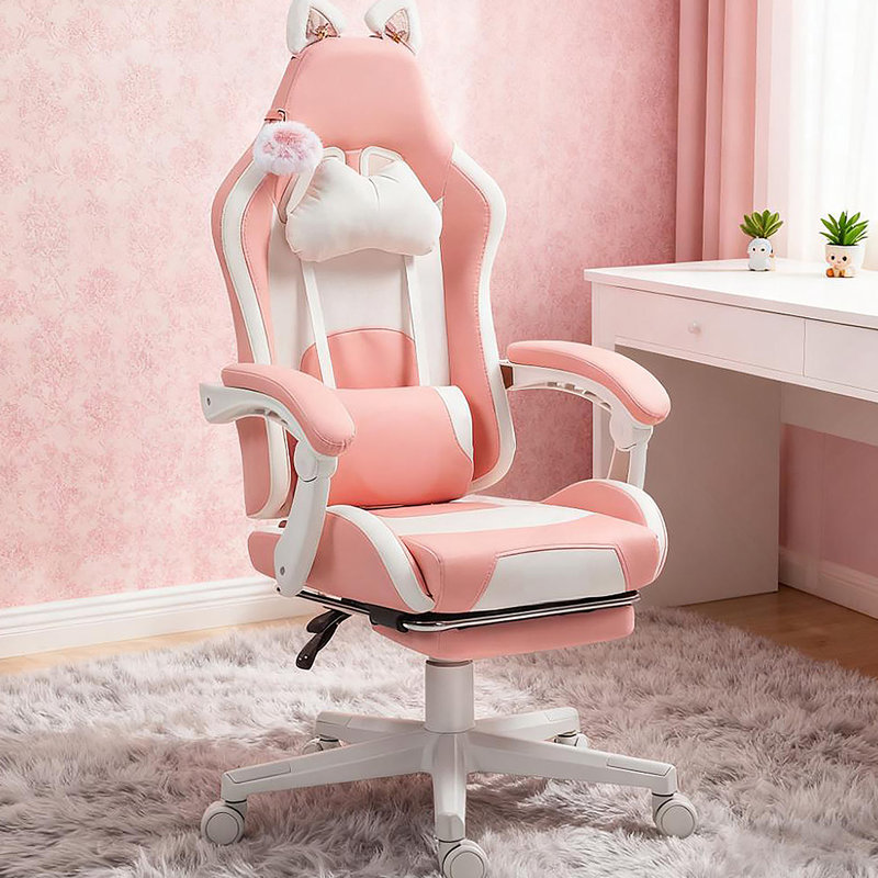 Gaming Chair With Footrest,Racing Gamer Chair, Headrest And Lumbar Support, For Home And Office, Pink/White