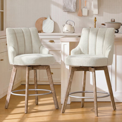 Counter Height Bar Stools,Swivel Bar Stools with Backs,Barstools Set of 2,26'' Solid Wood Legs,Thick Seat Upholstered Linen Fabric Counter Height Stools in Beige