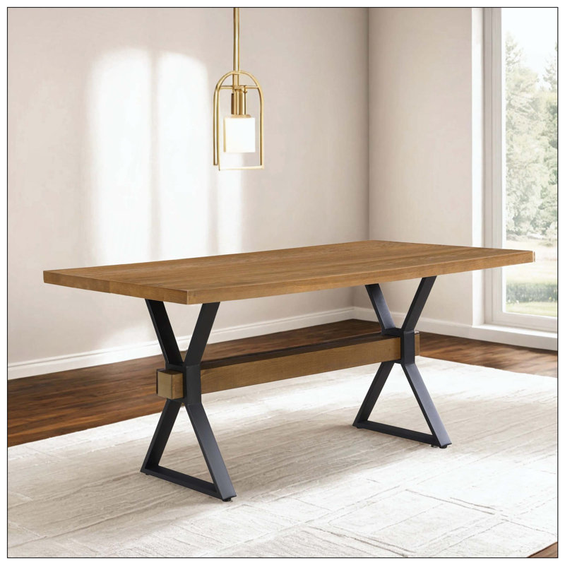 Table de salle à manger avec pieds en forme de X, procurant une sensation campagnarde surélevée, Brun