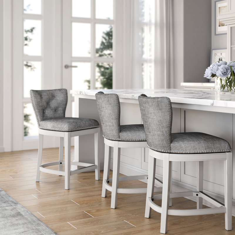 Tabouret de bar pivotant de 26 po à hauteur de comptoir avec dossier, rembourré blanc et gris, boutons de dossier, pivotant à 180 degrés, repose-pieds en métal, glissières en plastique, campagne d'assemblage sans effort - Poursuite