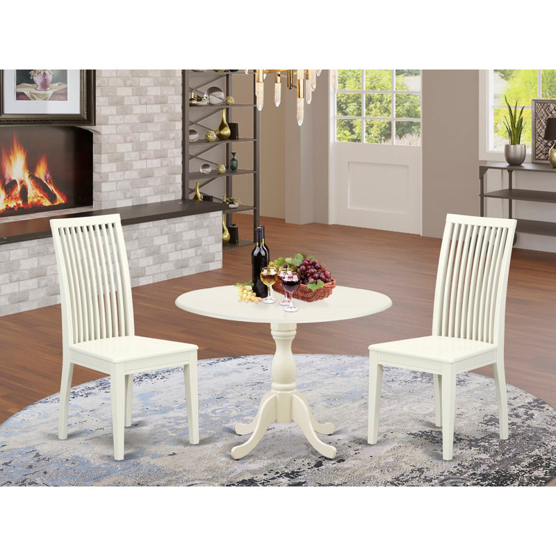 3 Piece Kitchen Table & Chairs Set Contains a Round Dining Table with Dropleaf and 2 Dining Room Chairs, 42x42 Inch, Linen White