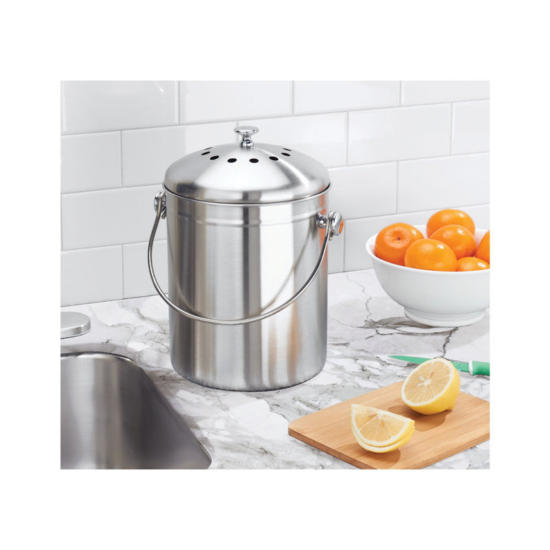 iDesign Brushed Stainless Steel 1.3-gal. Kitchen Countertop Compost Bin with Charcoal Filters
