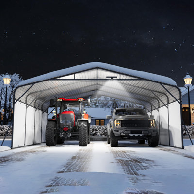 Abri de voiture en métal 20 x 20 pi avec lumière DEL, garage extérieur portable avec parois latérales amovibles en polyéthylène, base renforcée et toit en acier galvanisé, abri de voiture pour bateaux et camionnettes pleine grandeur