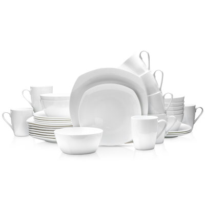 Stone Lain 32-Piece Bone China Square Dinnerware Set, Elegant White Plates, Bowls, Mugs, Service For 8