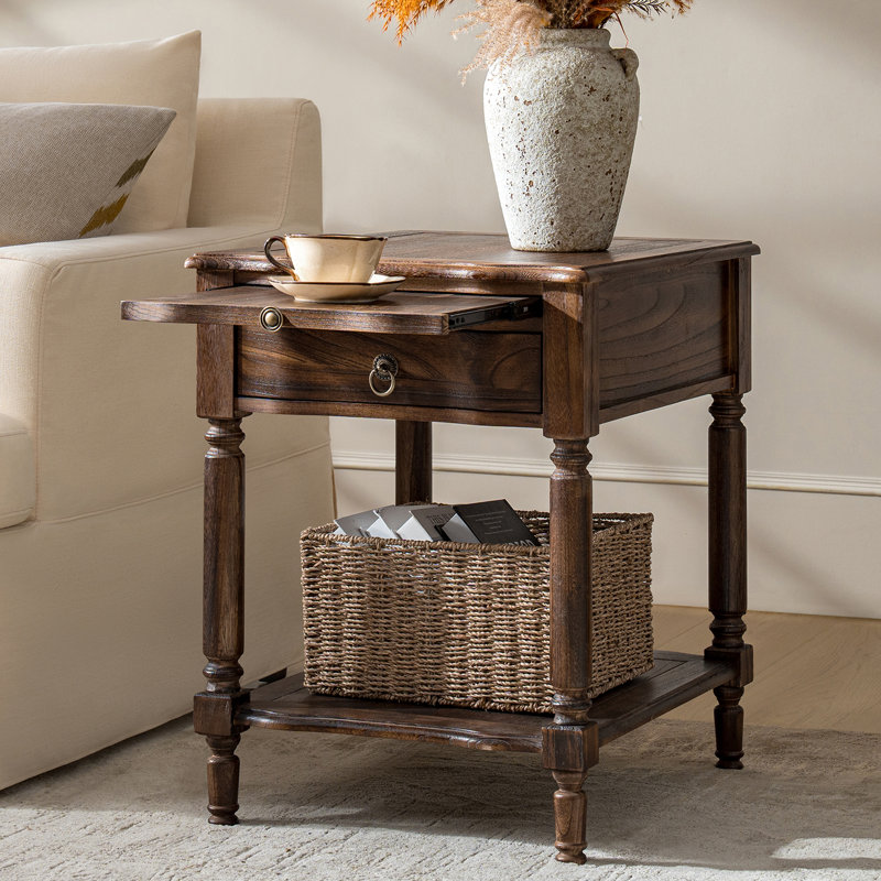 Sessoms Traditional 20"W Solid Wood 1-Drawer End Table with Built-in Charging Station, Walnut 
