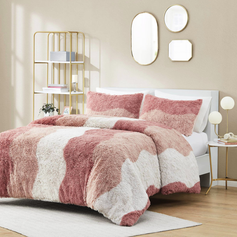 Très grand / très grand housse de couette en fausse fourrure ombrée très grand, 2 taies décoratives, avec étiquette, fermeture à boutons et attaches intérieures pour très grand lit