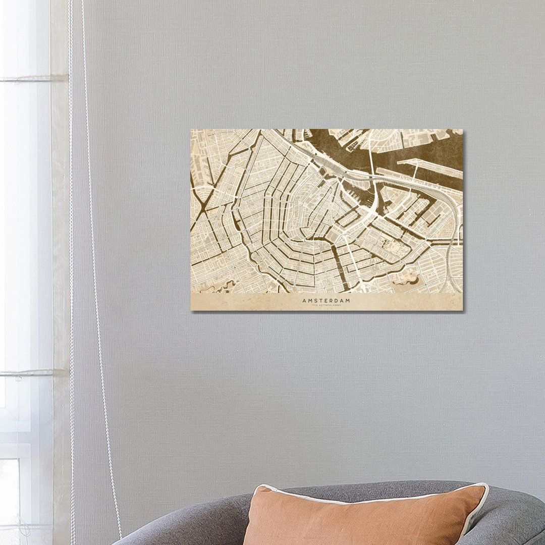 Sepia Vintage Map Of Amsterdam von Blursbyai - Galerie-verpackte Leinwand Giclée auf Leinwand